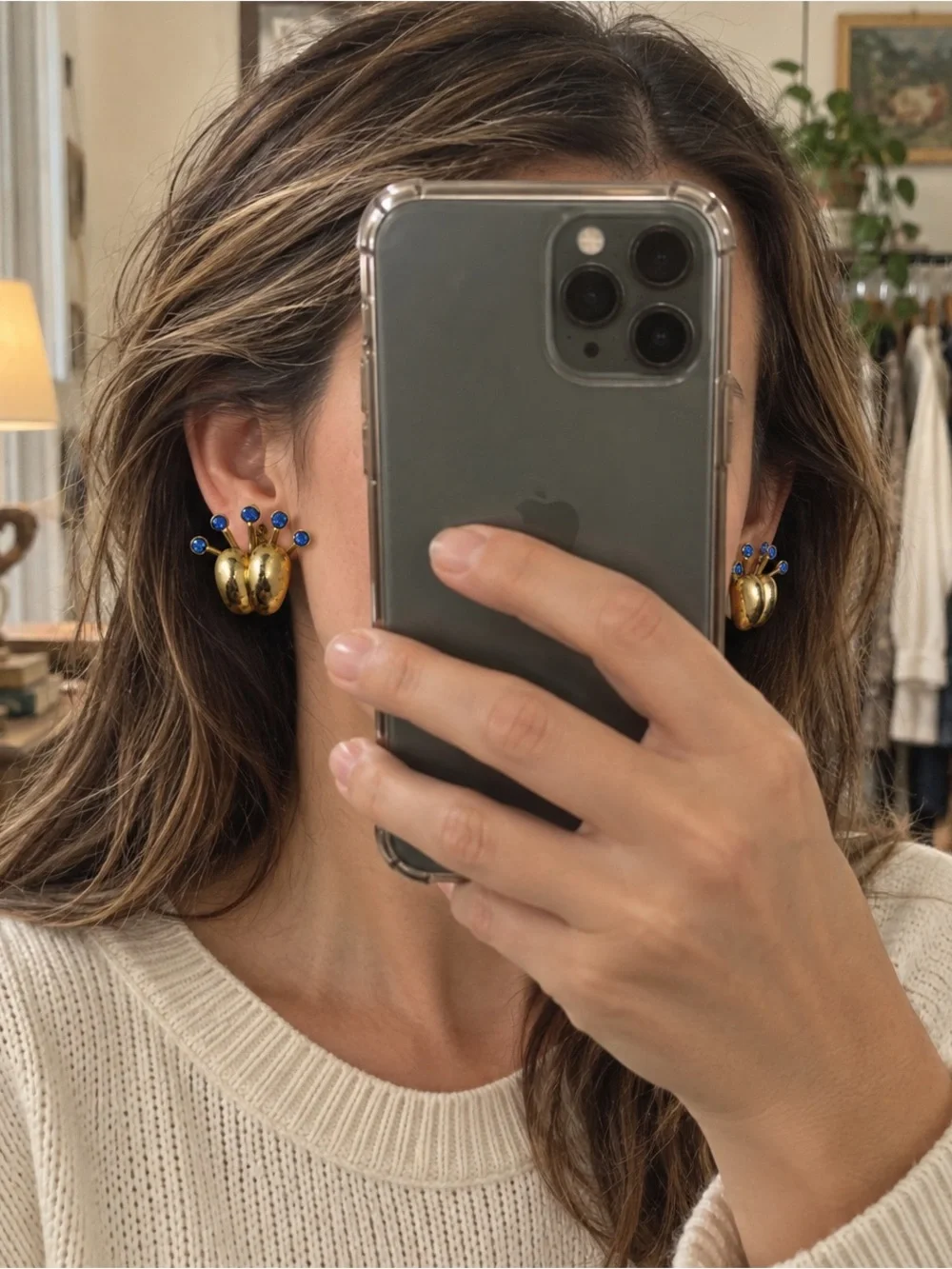 Gold-tone Clip Earrings with Blue Crystal Accents